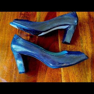 New silver black peep toe heels